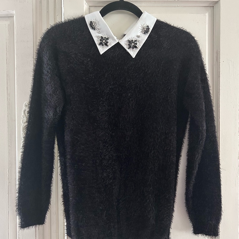 Women’s Black Sweater with Embellished Collar